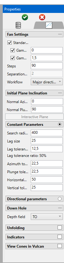 Panel de propiedades del fan variogram.
