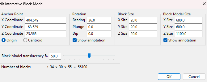 Edit Interactive Block Model: origen, bearing 36°, bloques de 20 m y 56.100 bloques.