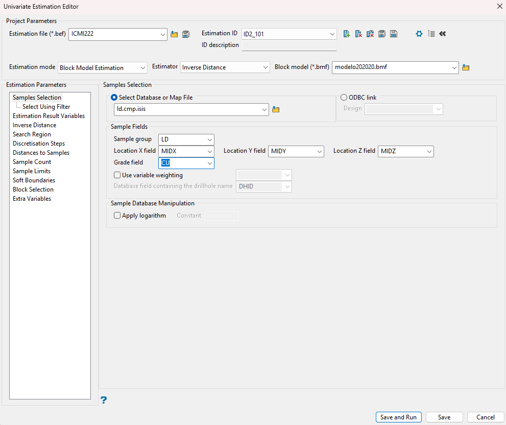 Samples Selection: base de datos, grupo y ley a estimar.
