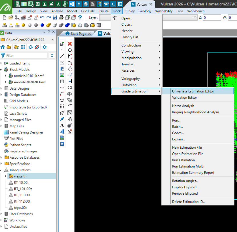 Block → Grade Estimation → Univariate Estimation Editor.