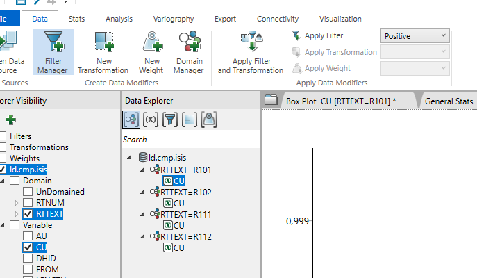 Filter Manager (izquierda) y filtro por rango: Cu entre 0 y 3,07 (derecha).