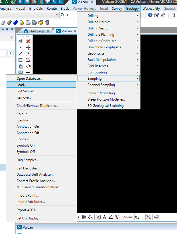 Geology → Sampling → Load (izquierda) y Open Samples Database con ld.cmp.isis (derecha).