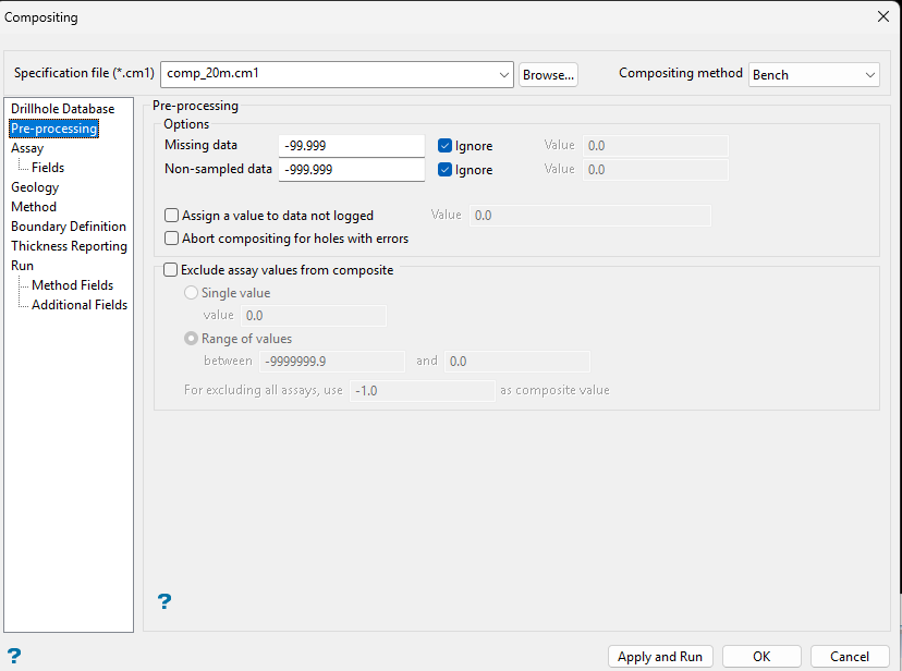 Pre-processing con datos faltantes ignorados (izquierda) y registro Assay con FROM y TO (derecha).