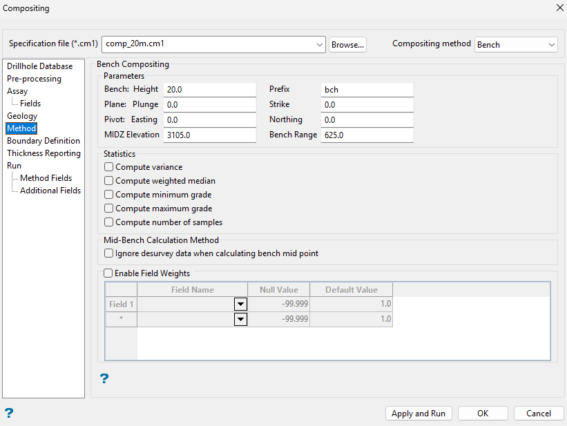 Method: bancos de 20 m (izquierda) y Boundary Definition (derecha).