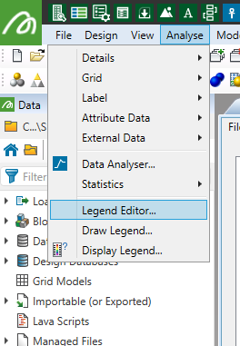 Analyse → Legend Editor (izquierda) y apertura de la base simcomp_20m.cmp.isis (derecha).