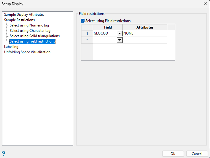 Select using Field restrictions: mostrar solo GEOCOD = NONE.