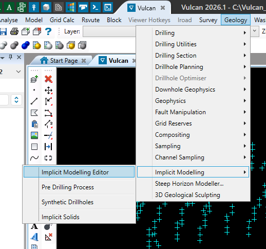 Geology → Implicit Modelling → Implicit Modelling Editor.